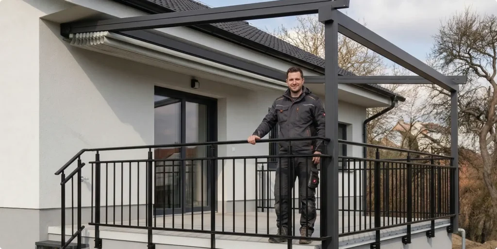 Černé hliníkové tyčové zábradlí s pergolou na terase rodinného domu.